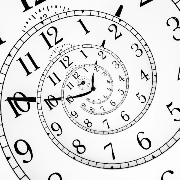 終わりのない時計の螺旋。繰り返す子どもの不調や学校への行き渋りの時間の経過を表すイメージ