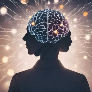 光る脳と頭部のシルエット。現代の情報過多により、脳や自律神経に疲労とストレスが溜まっている状態を表すイメージ