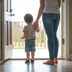 子どもの背中からお尻(仙骨)にかけて優しく手を当ててさする様子。神経を落ち着かせ、安心感を与えるスキンシップ