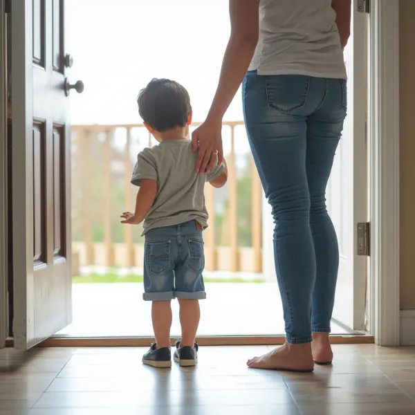 子どもの背中からお尻(仙骨)にかけて優しく手を当ててさする様子。神経を落ち着かせ、安心感を与えるスキンシップ