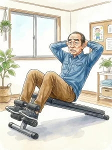 腹筋ベンチで追い込まれて志村けん風のリアクションをとる男性イラスト