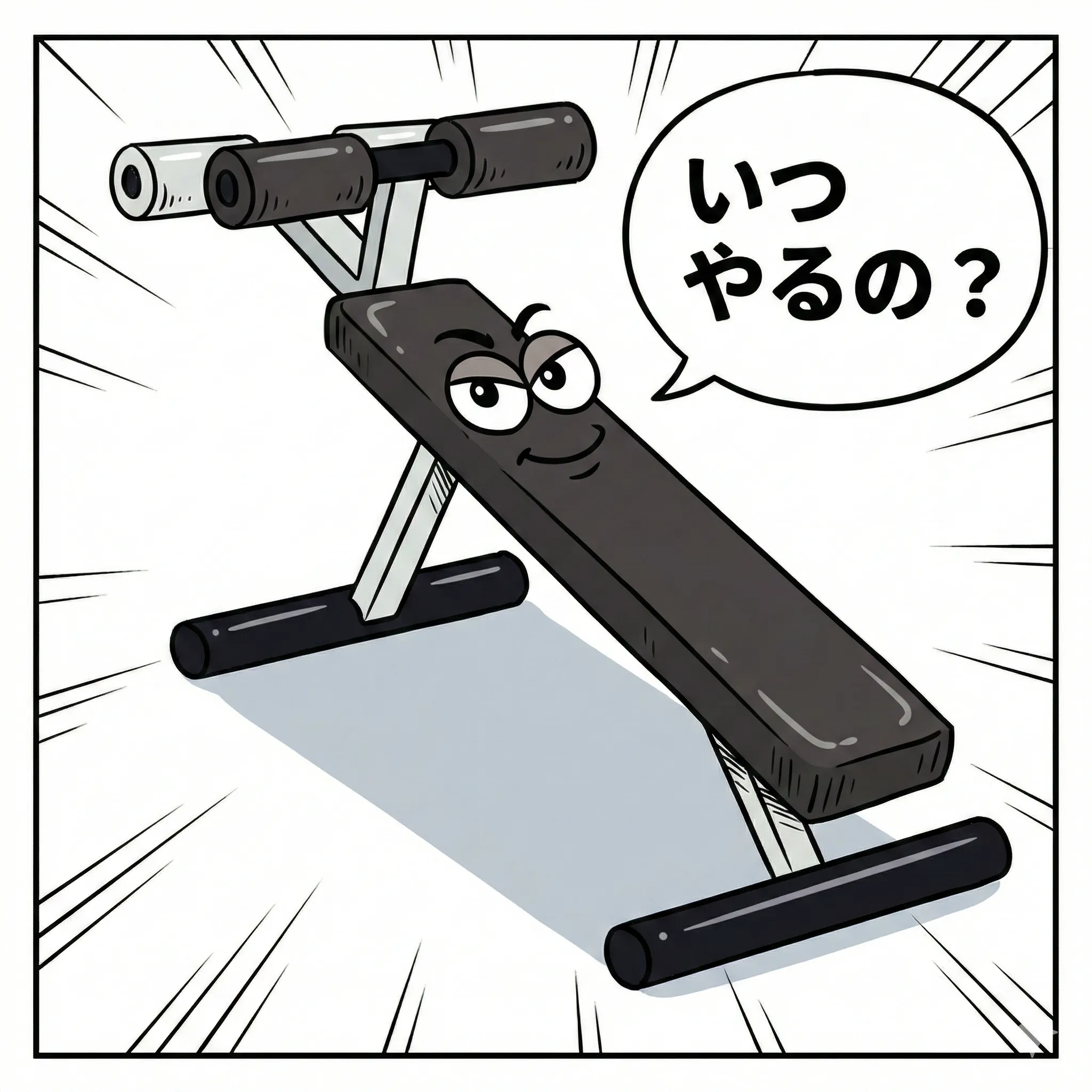 「いつやるの？」という吹き出しで問いかけてくる、擬人化された腹筋ベンチの漫画風イラスト