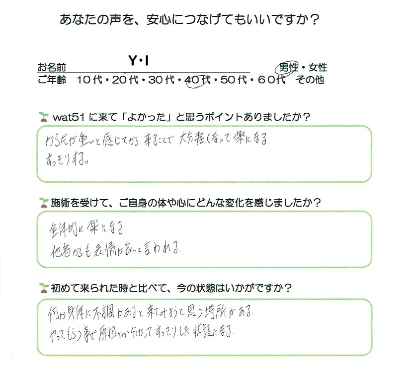 40代男性のお客様アンケート。不調を感じた時に来ると体が軽くなって楽になる、安心する、施術後は全体的に楽で表情が明るいと言われる、また来たくなる場所という感想が手書きで記されている。